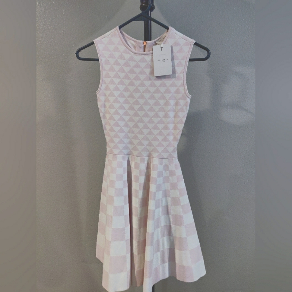 Ted Baker London Lowrel Jacquard Pink Knit Checkered Skater Dress Size 0 NWT